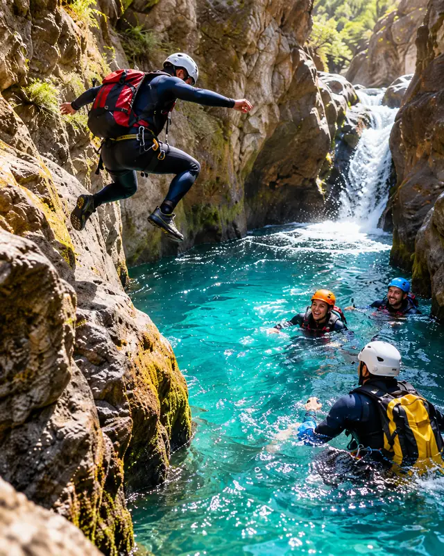 Una persona salta a una poza de agua turquesa en un barranco mientras sus compañeros la esperan nadando junto a una cascada.