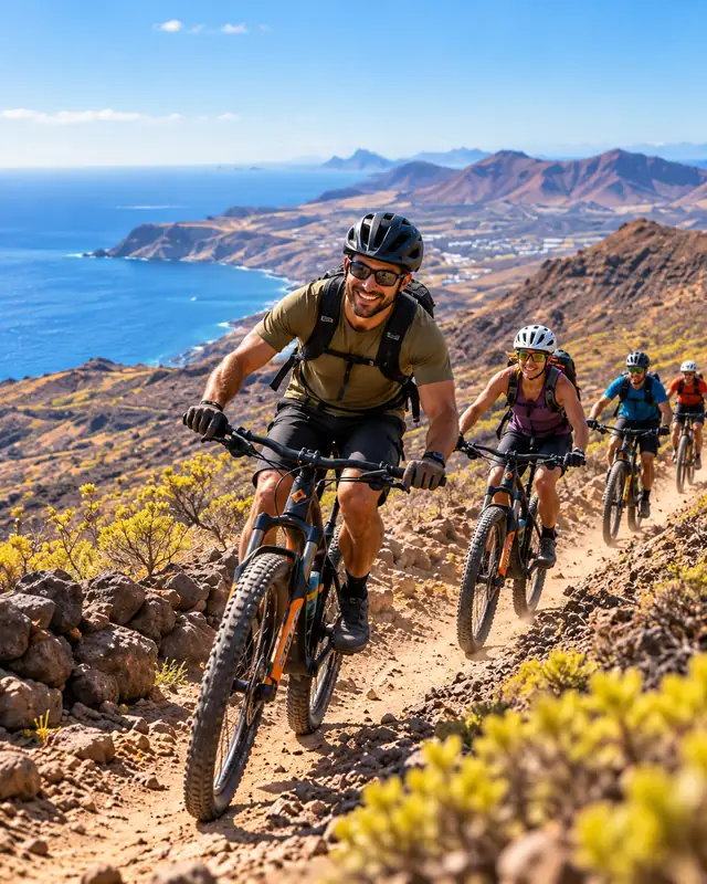 Un grupo recorre en bicicleta de montaña un sendero de tierra entre matorrales, con el mar y montañas volcánicas detrás.